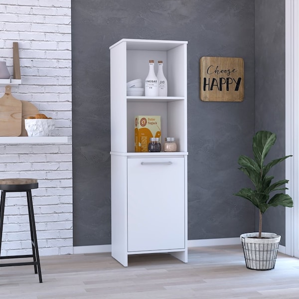 Eiffel Kitchen Pantry, Two External Shelves, Single Door Cabinet, Two Interior Shelves White, White